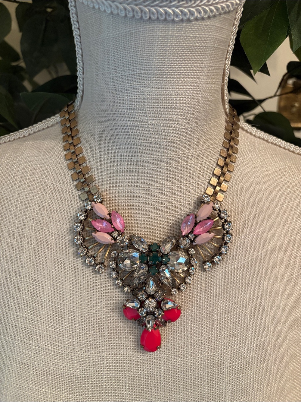J. Crew Pink and Clear Crystal Statement Necklace